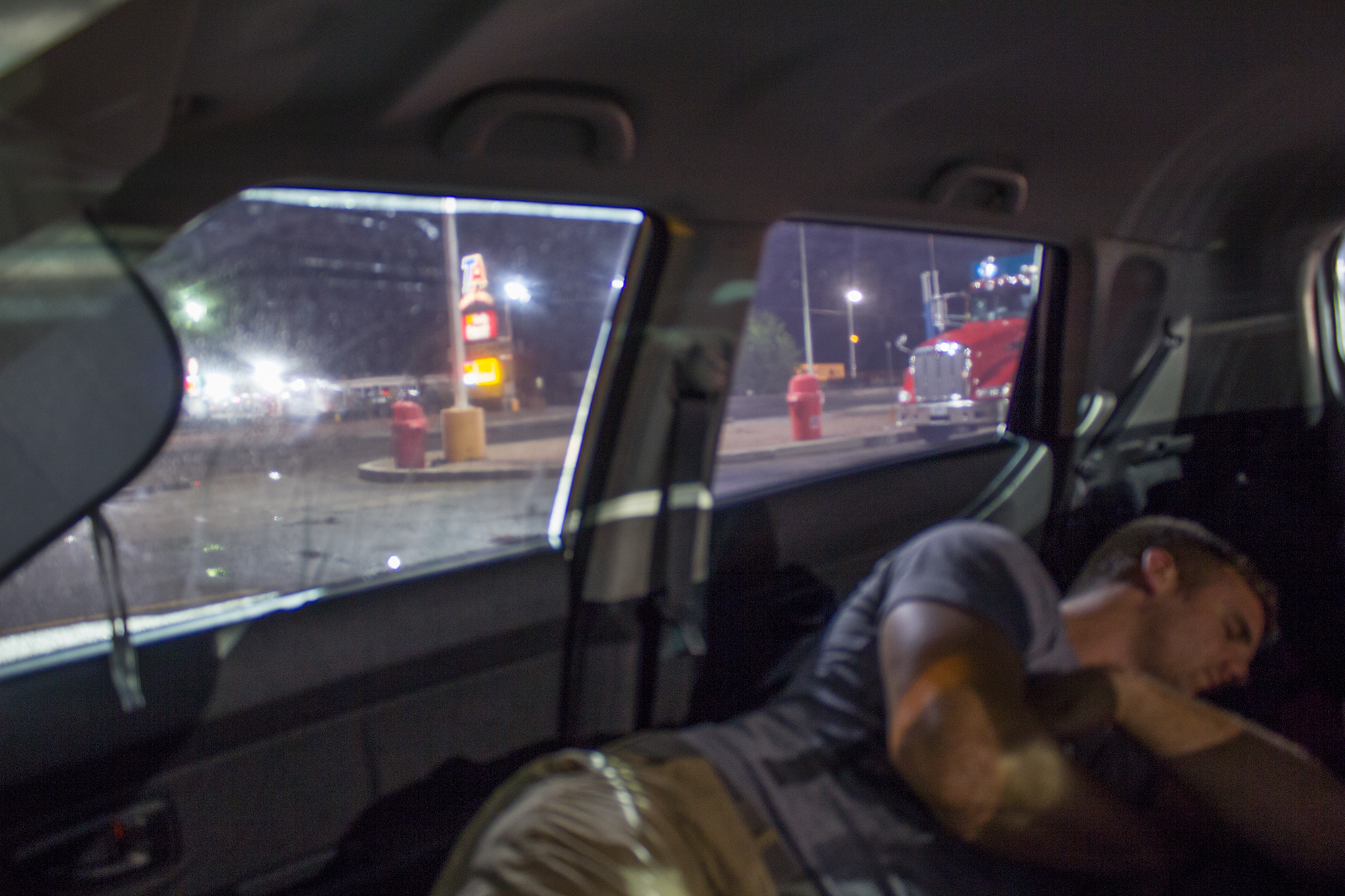 Aaron sleeping at a truck stop in New Mexico on our way to Shaver Lake, CA.