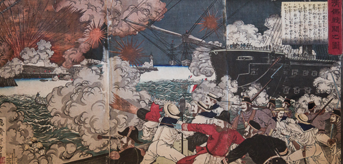 MIZUNO TOSHIKATA 水野年方 (1866-1908), War Between China and France, 1884, triptych, 33.75” x 19.25”