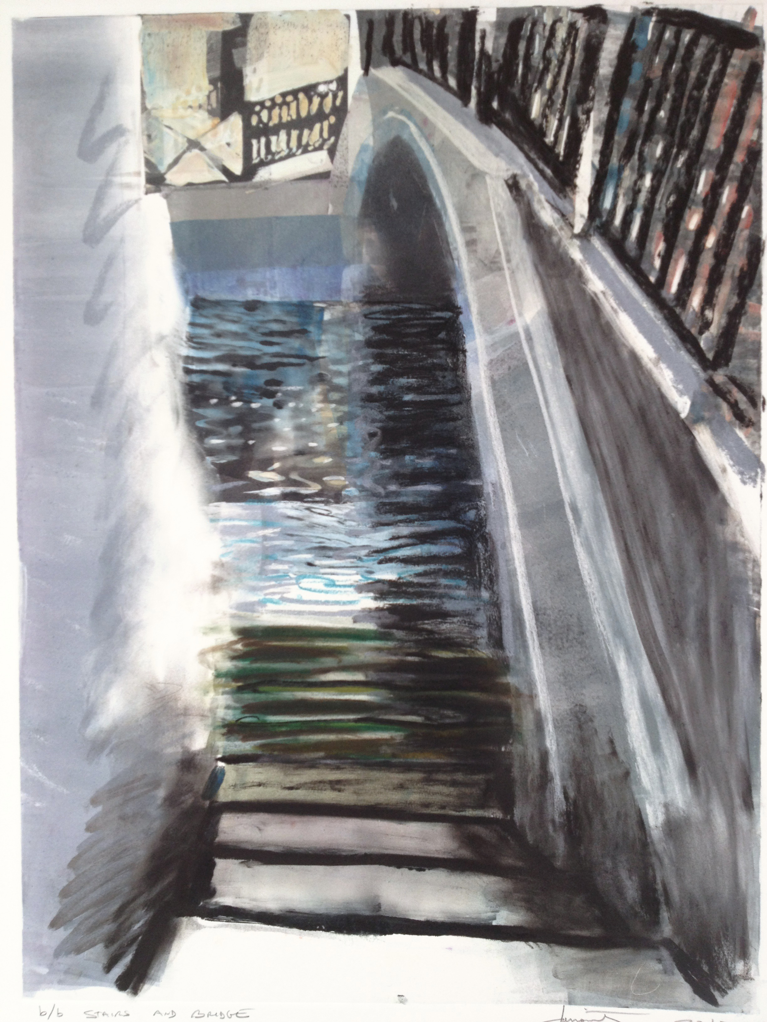 Stairs and Bridge bb, 2012, monotype with pastel, 30.5" x 22"