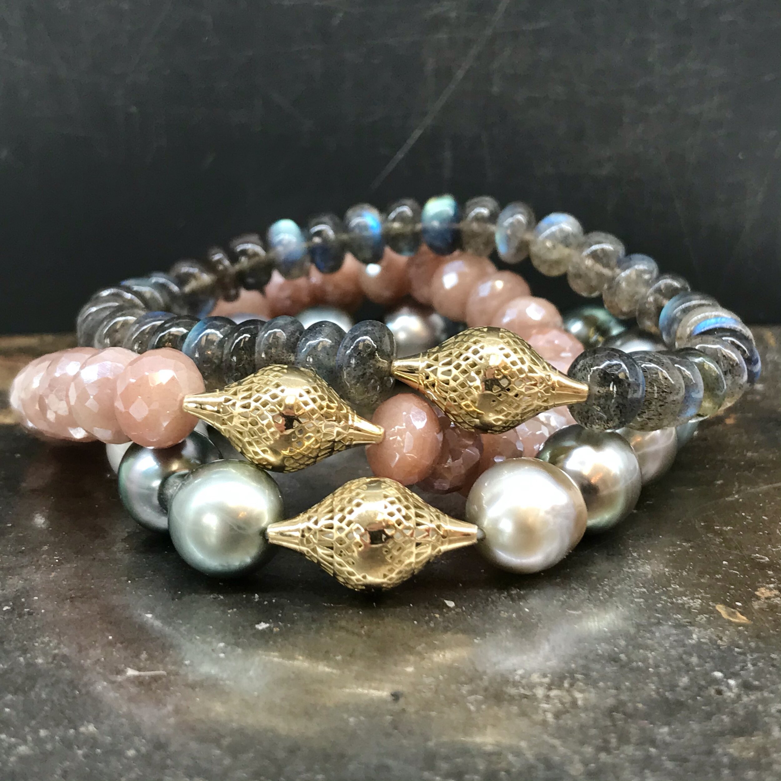 RGBS-1506 labradorite peach moonstone and pearl stretch bracelets.jpeg