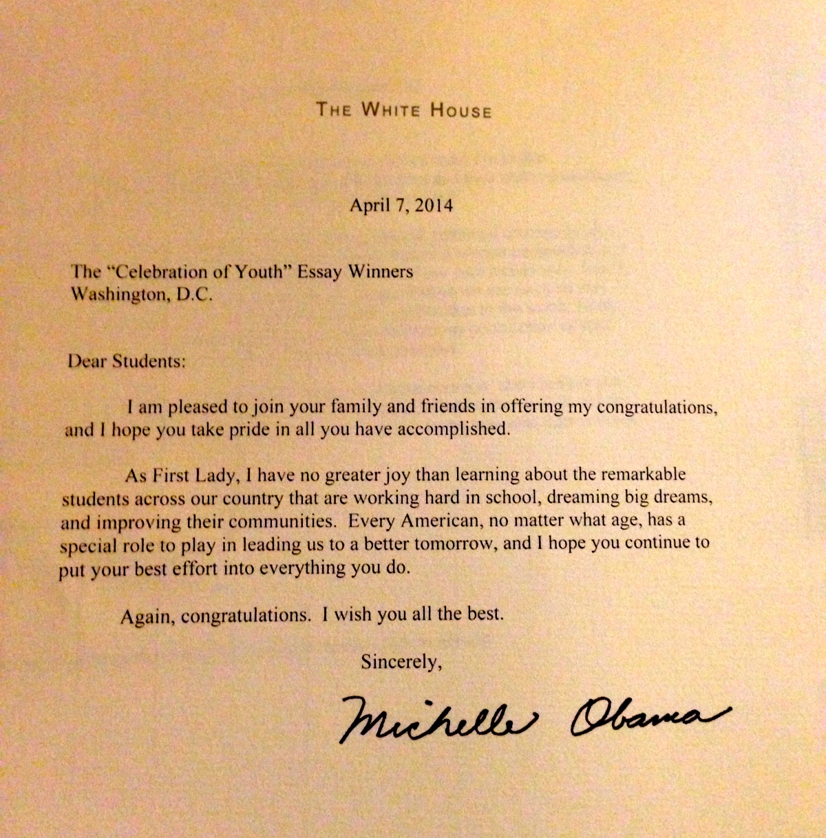 Congratulations from the First Lady!