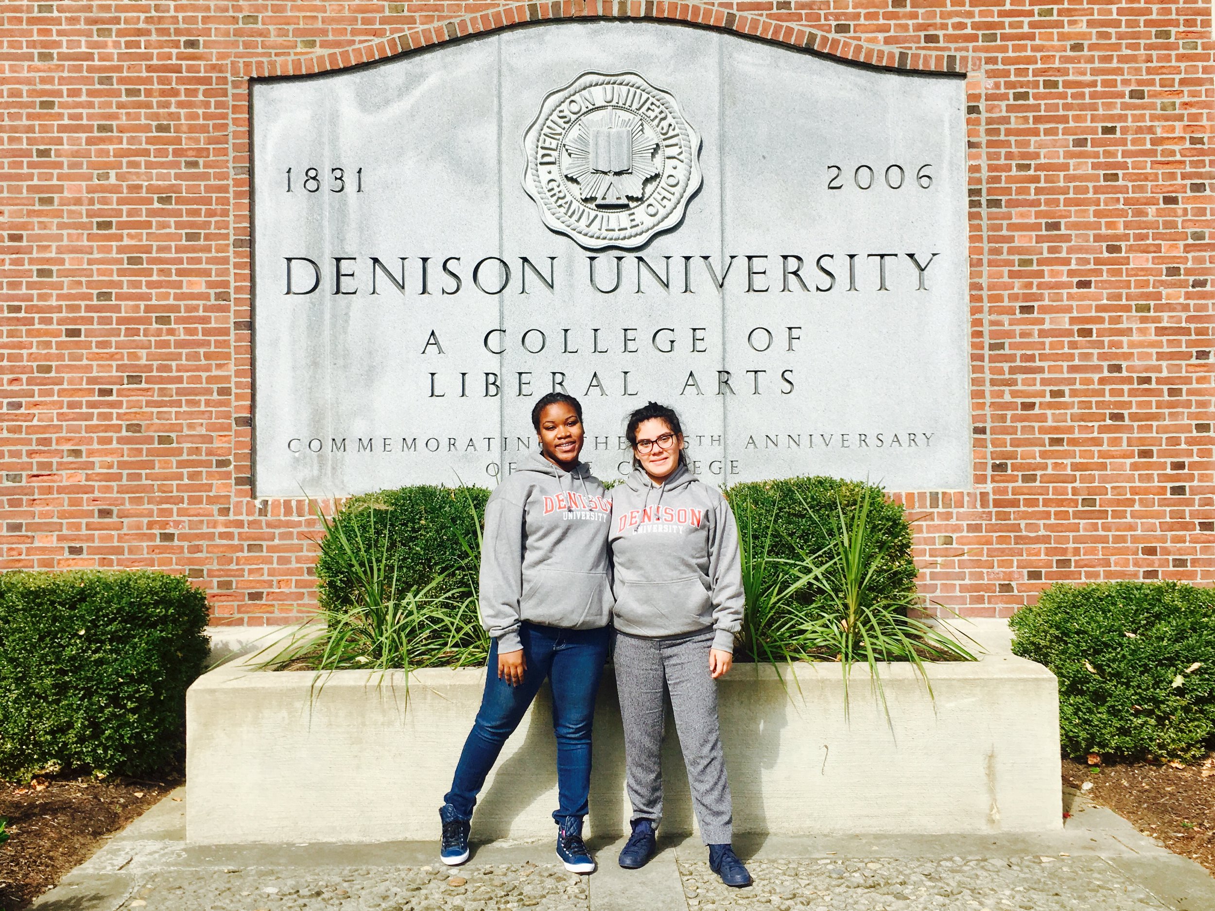 Darne'sha, left, and Litzi, right, in their new Denison hoodies in front of the campus gate!