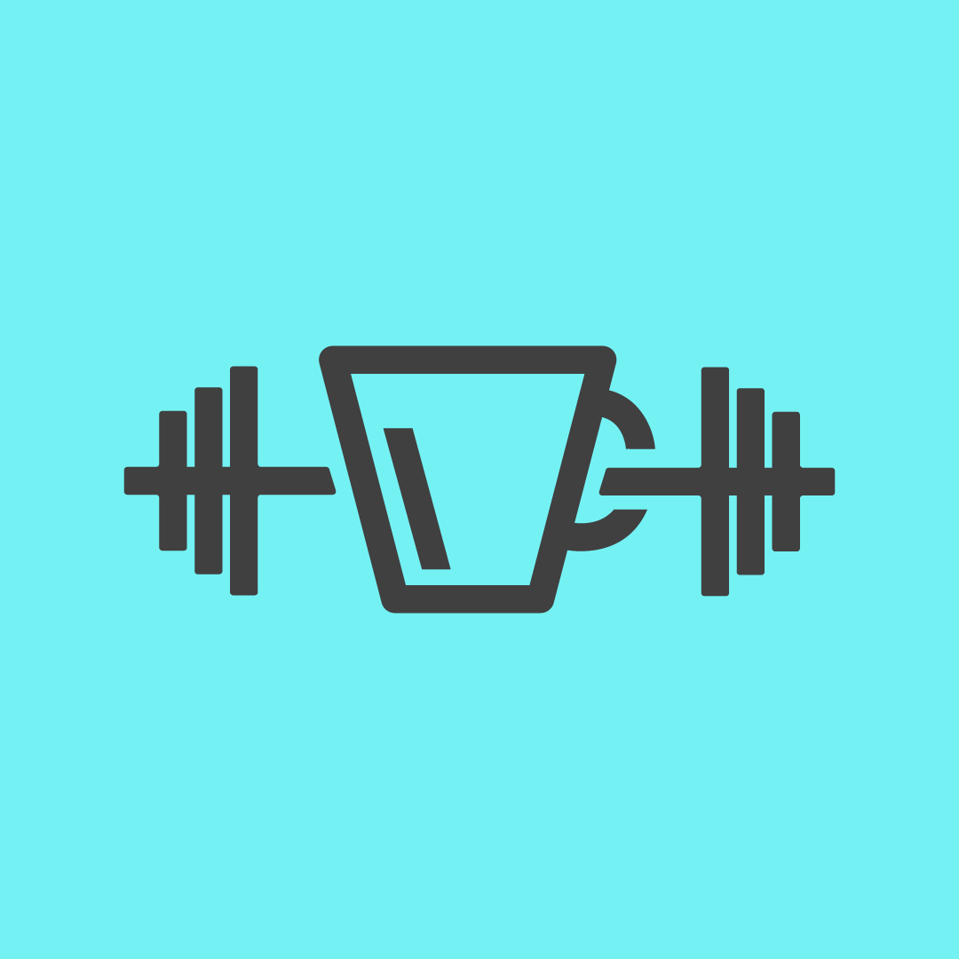 Icon of a coffee cup with a handle, flanked by gym weights on either side, against a light blue background.