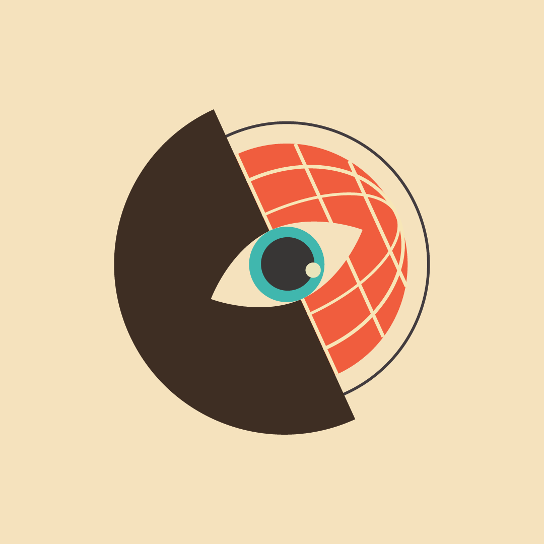 Abstract illustration of a stylized eye with a black and beige design, a large teal iris, and a red globe in the background.