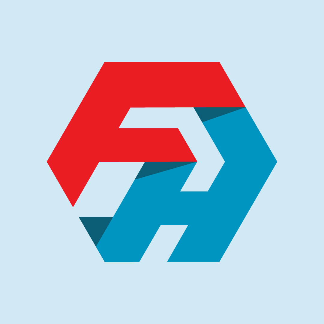 A 3D geometric logo with interlocking red and blue hexagon shapes on a light blue background.