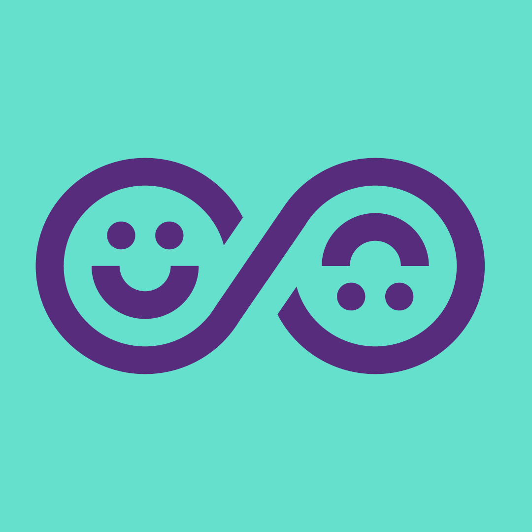A logo featuring two smiling faces and an infinity symbol, all in dark purple on a teal background.