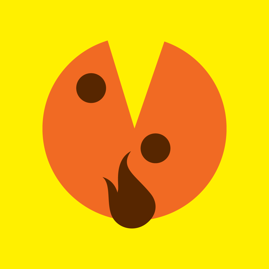 A cute cartoon ladybug with its wings partially open on a yellow background.