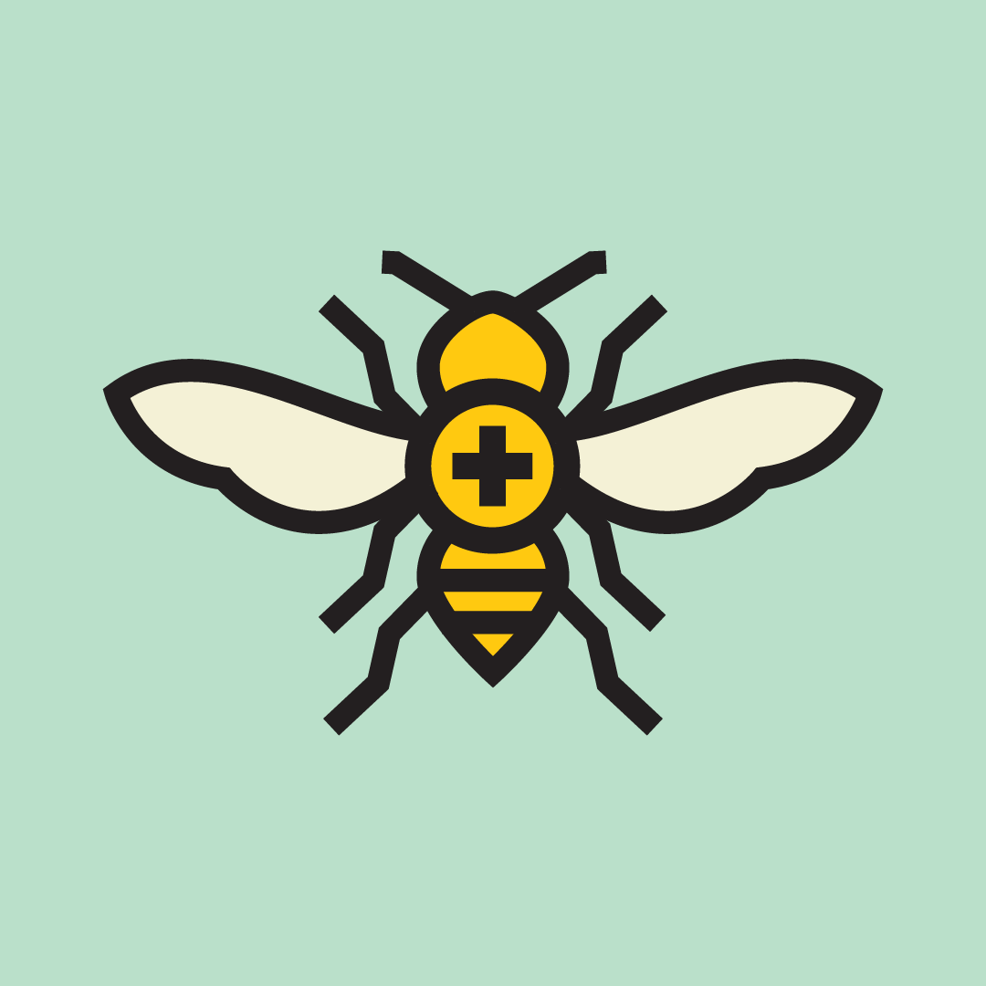 Illustration of a bee with a medical cross symbol on its body, light green background.