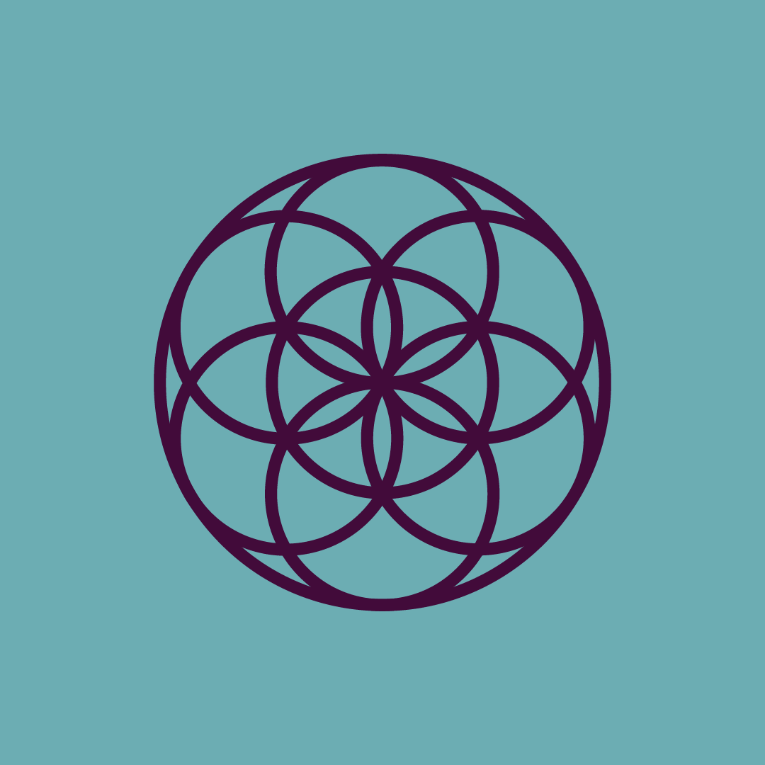 A geometric pattern of interconnected circles forming a symmetrical flower-like design with a blue background.