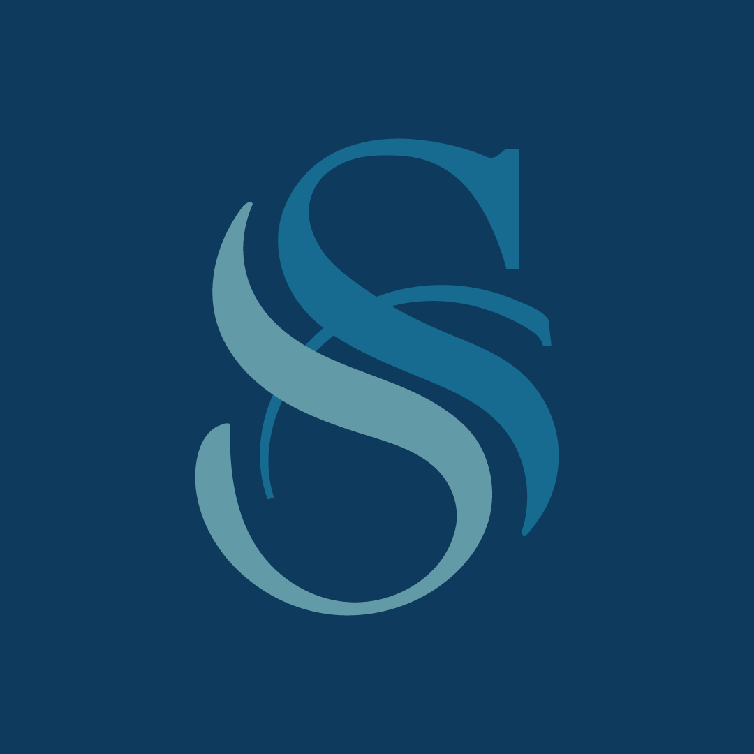 Stylized blue and teal letter S on a dark blue background.