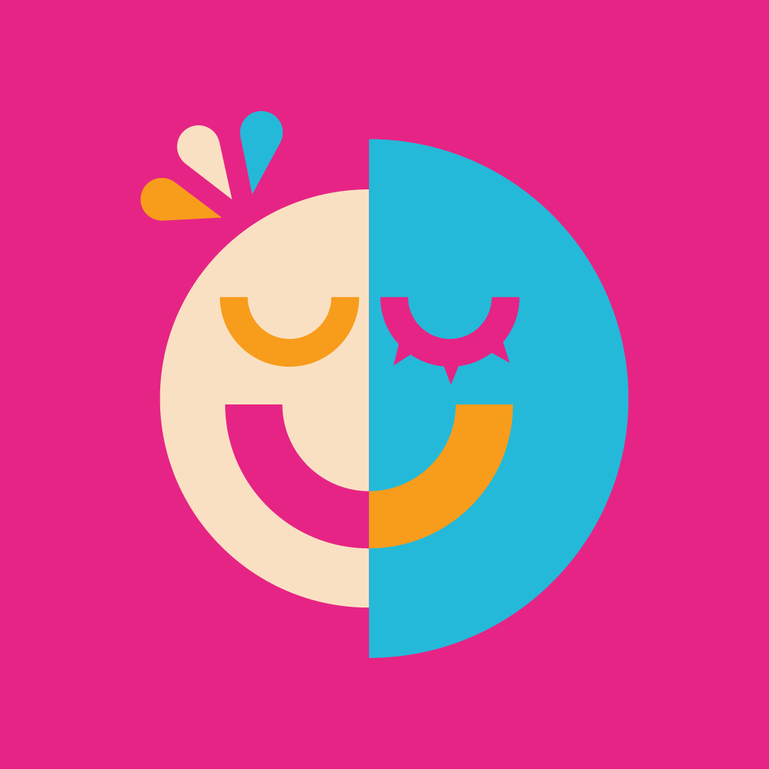A colorful, split-face illustration of two smiling cartoon faces, one on each side, with closed eyes and cheerful expressions against a pink background.