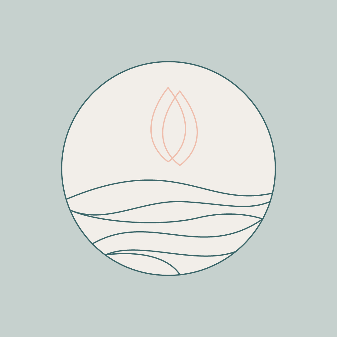 Minimalist line art illustration of a circular design with stylized leaf and wave patterns, soft pastel background.
