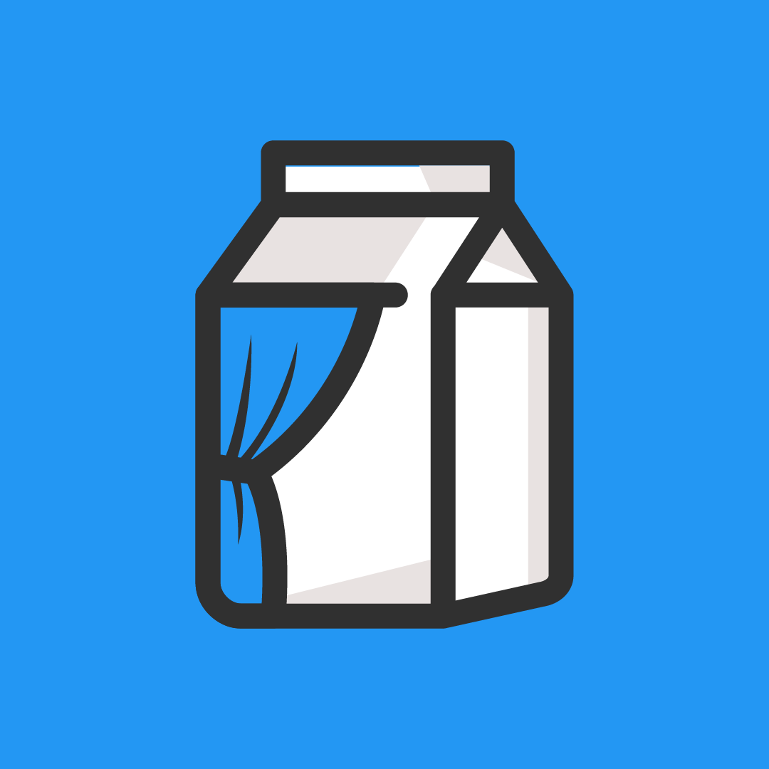 Illustration of a milk carton with a blue curtain design on the side, set against a blue background.