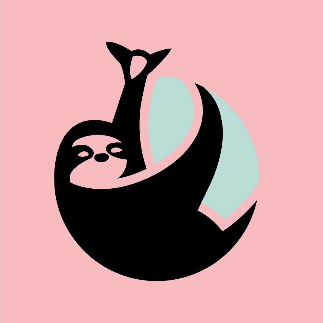 A minimalist illustration of a sloth hanging upside down with a whale's tail on a pink background.