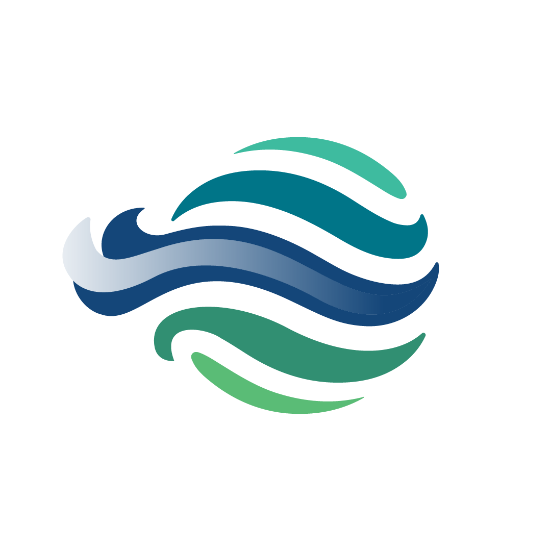 Abstract logo with stylized waves in shades of blue and green.