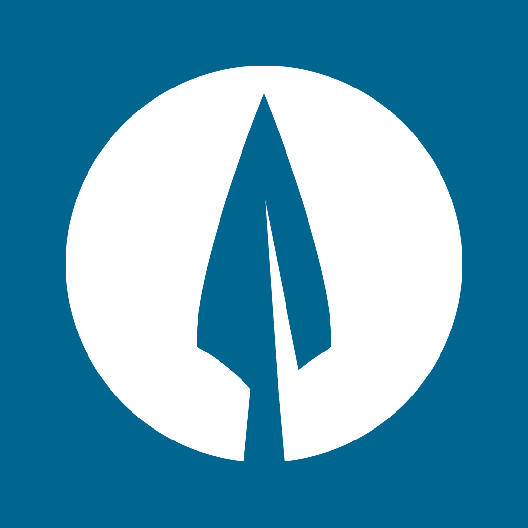 A stylized compass needle pointing north inside a white circle on a blue background.