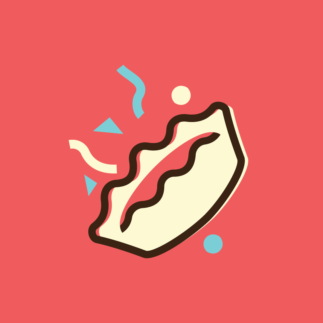 A graphic illustration of a hot dog with mustard and ketchup, set against a red background with scattered blue and white shapes.
