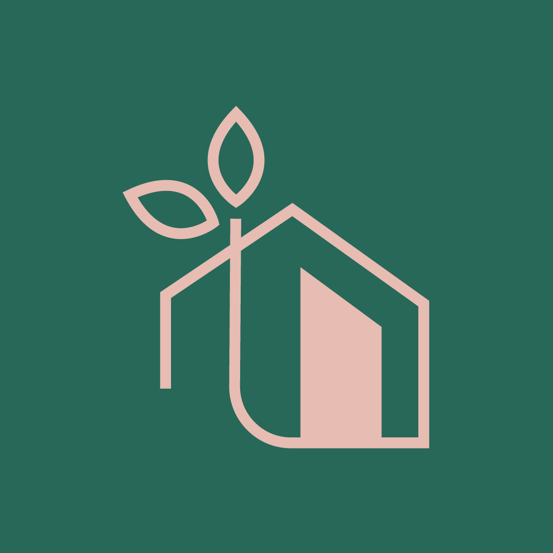 Stylized icon of a house with a leaf emerging from the roof, symbolizing eco-friendly or sustainable housing.