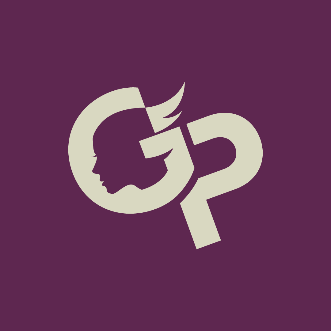 Stylized logo with a woman's face silhouette inside a magnifying glass, set against a purple background.