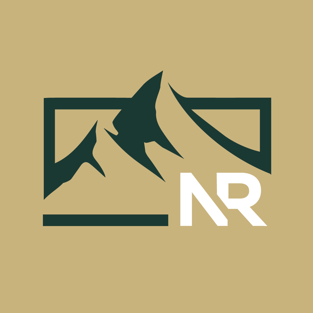 Logo featuring a fish and the letters 'NR' on a beige background.