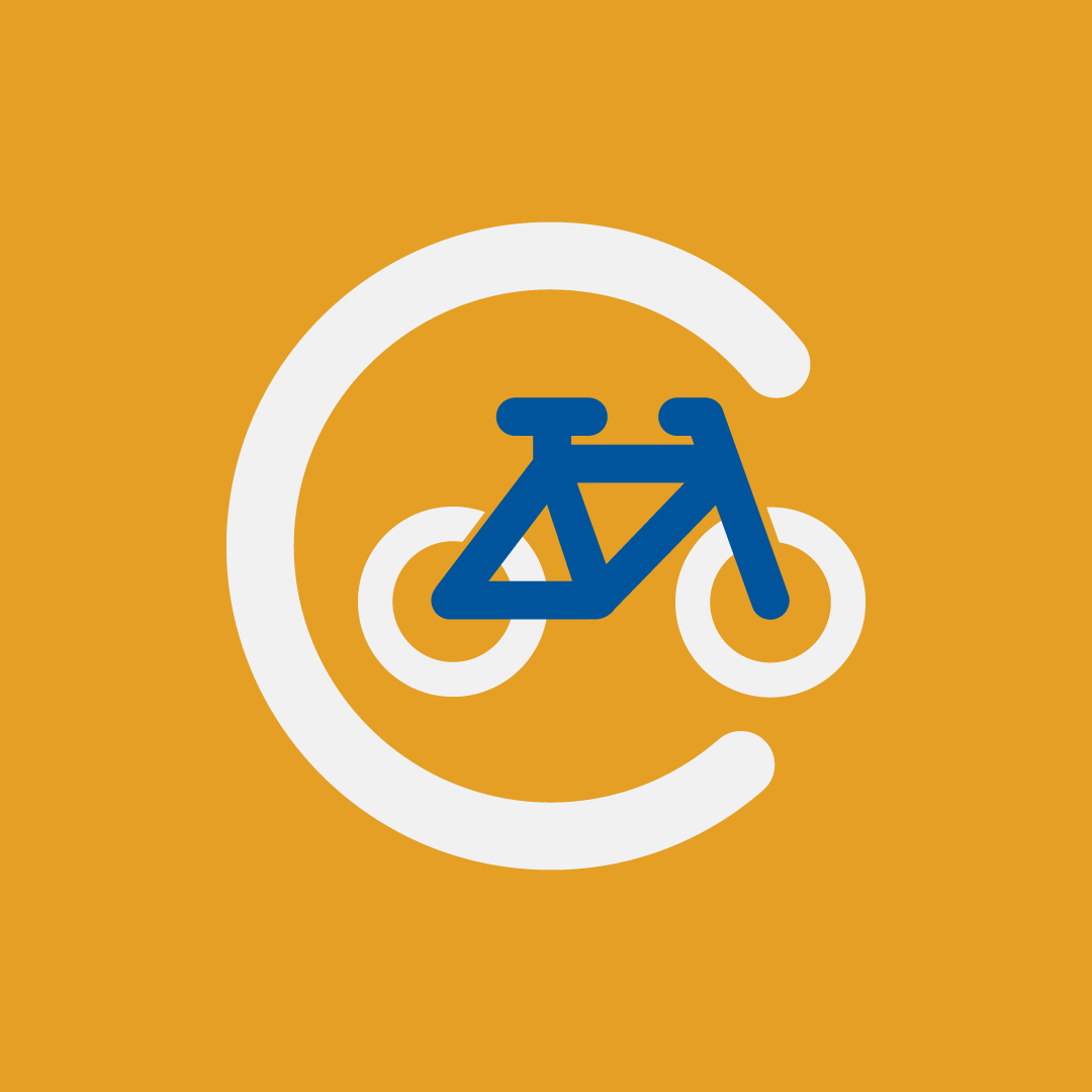 Icon of a bicycle with a large letter 'C' in the background on a yellow background.