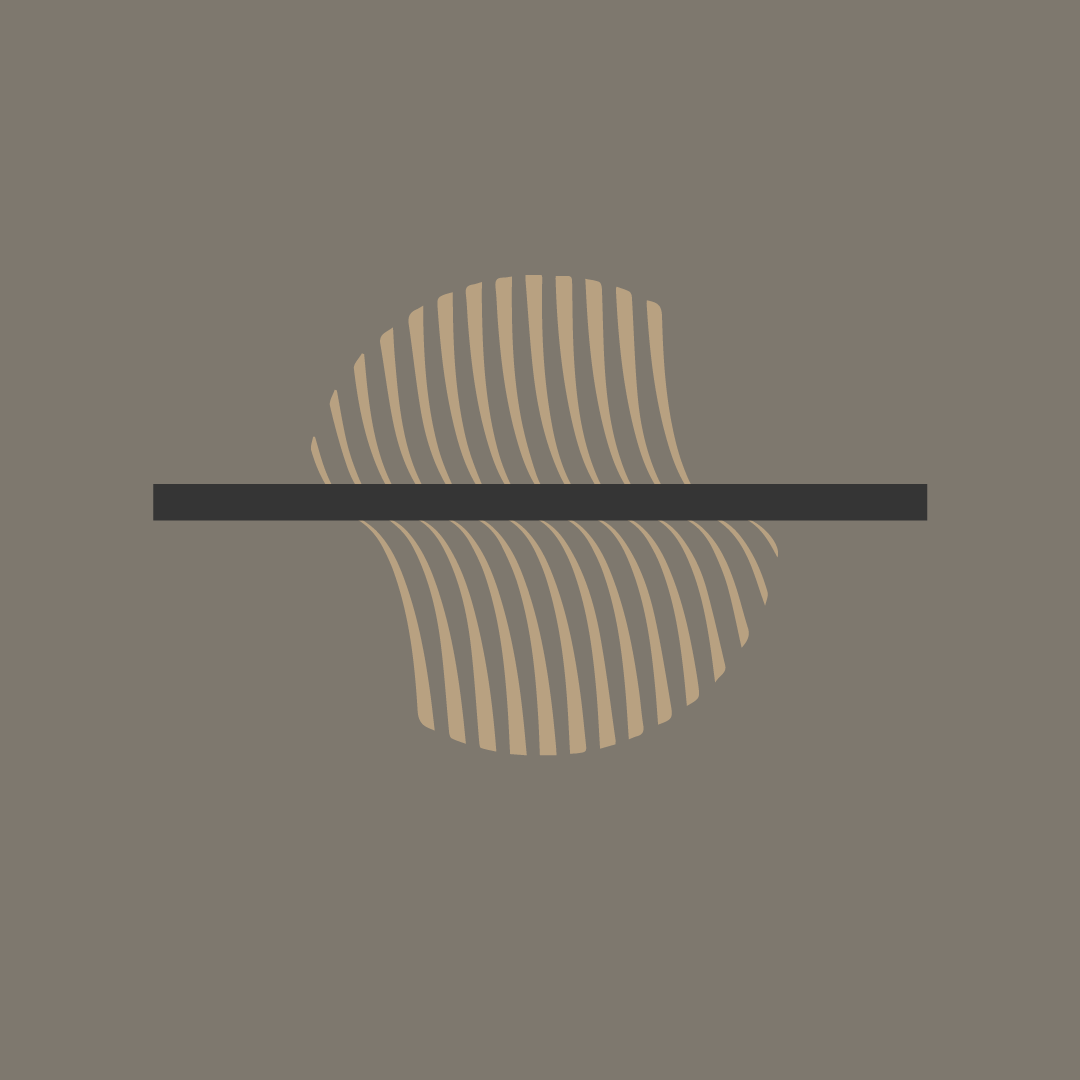 A digital graphic logo with vertical beige stripes forming a circular fingerprint pattern on a taupe background, intersected by a horizontal black line.