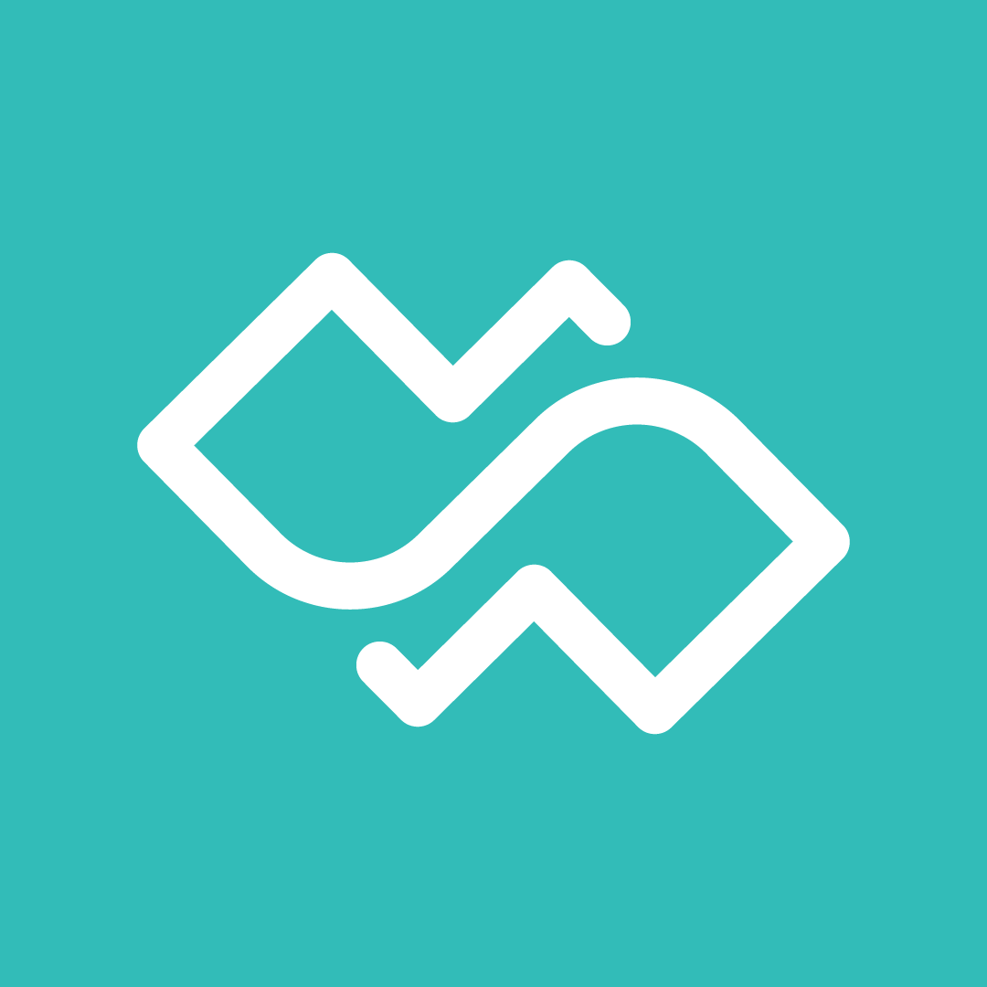 A stylized white logo on a teal background, featuring interconnected shapes resembling mountains and a wave.