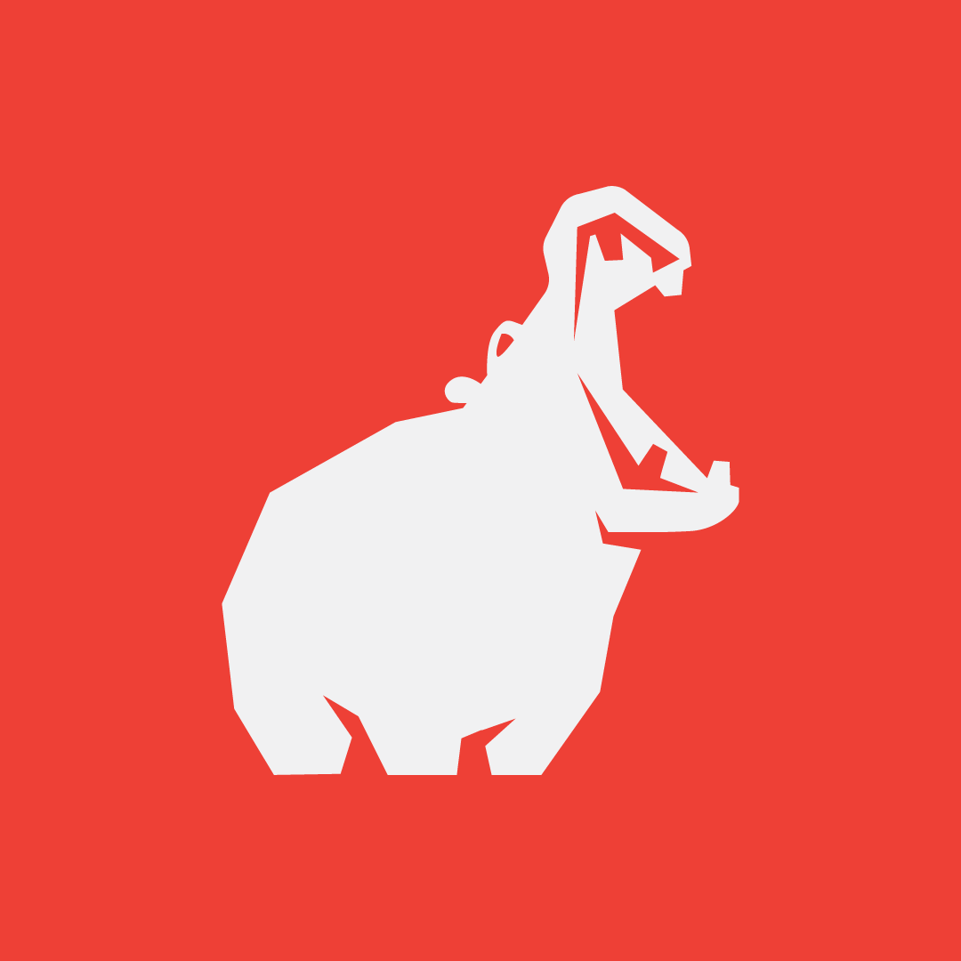 A minimalist illustration of a hippopotamus with its mouth open on a red background.
