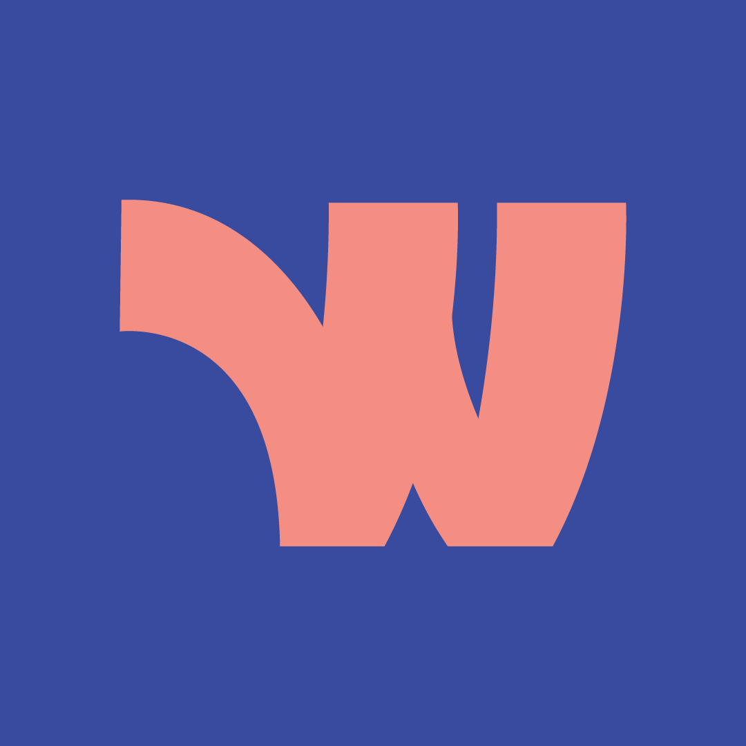 A large pink letter 'W' on a blue background.