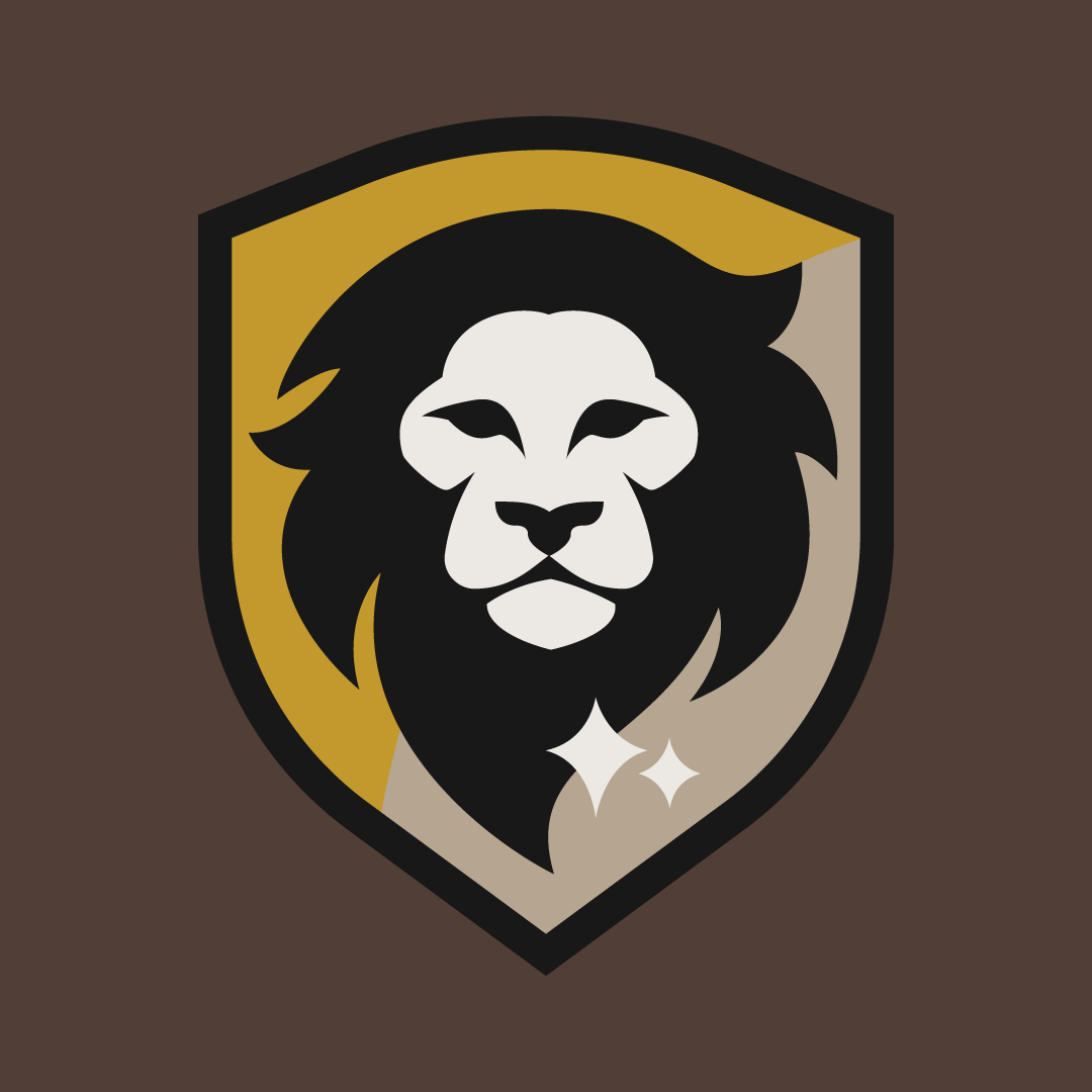 Stylized lion's face logo with gold, black, beige, and white colors on a brown background.