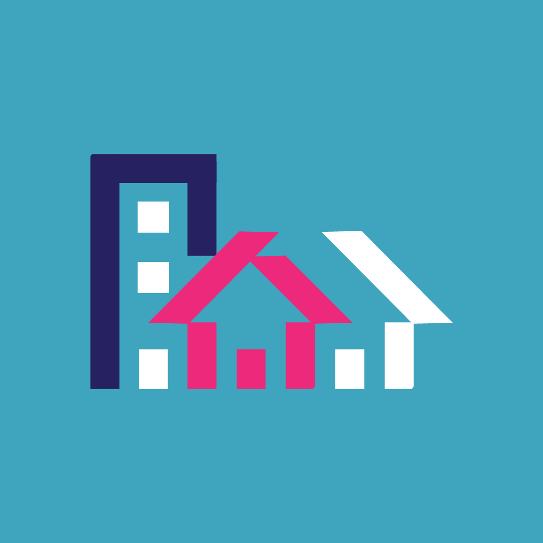 Digital illustration of a city skyline combined with a bar chart, with a pink house outline in the center.