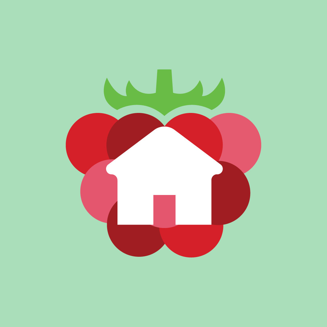 Illustration of a white house icon over a cluster of red, pink, and dark red berries with green leaves on a light green background.