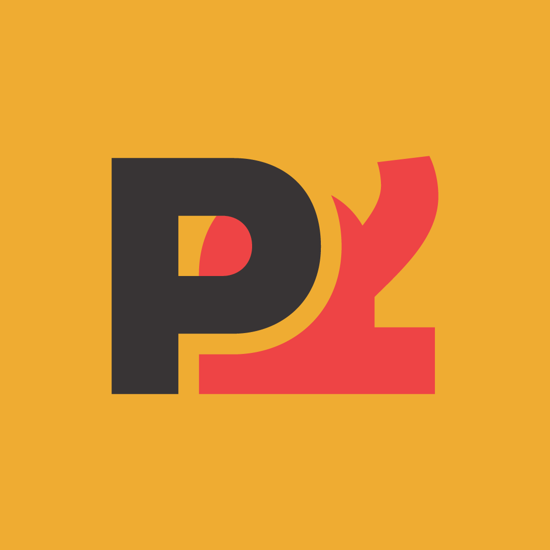 Graphic with a bold black letter 'P' overlapping with a red palm tree icon on an orange background.