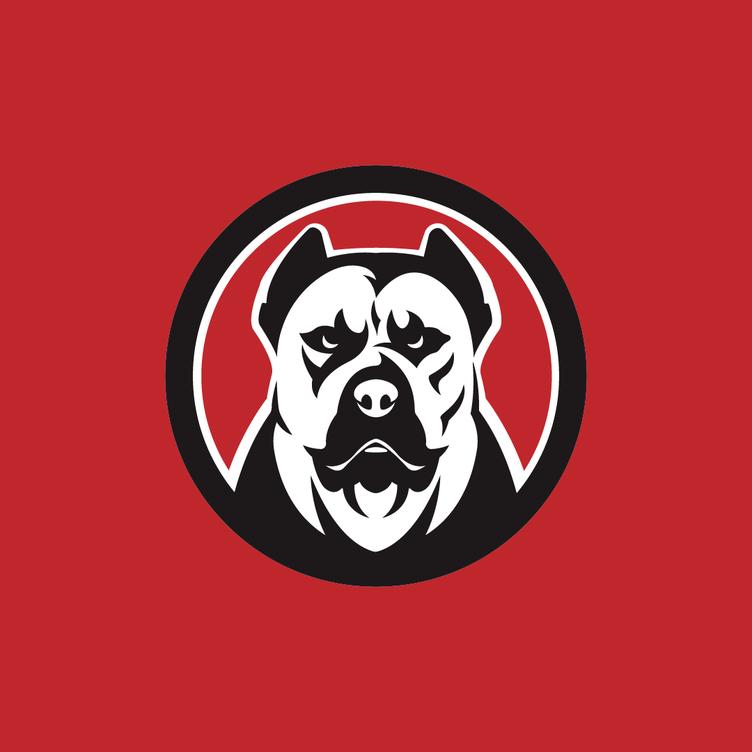 Illustration of a dog's face, resembling a pit bull or similar breed, in black and white with a red background, enclosed in a black and white circular border.