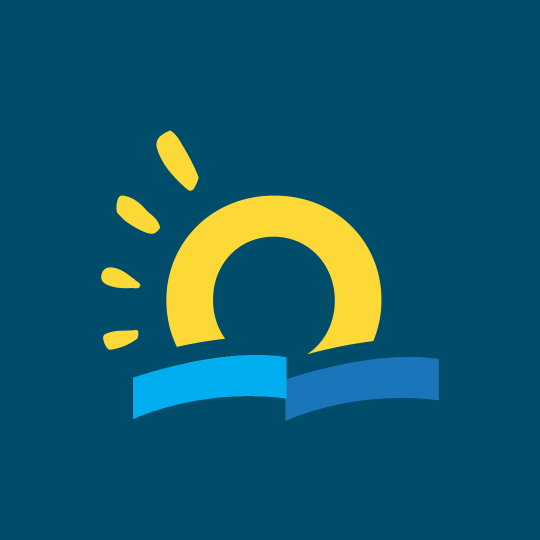 Illustration of a sunrise over books with a dark blue background.