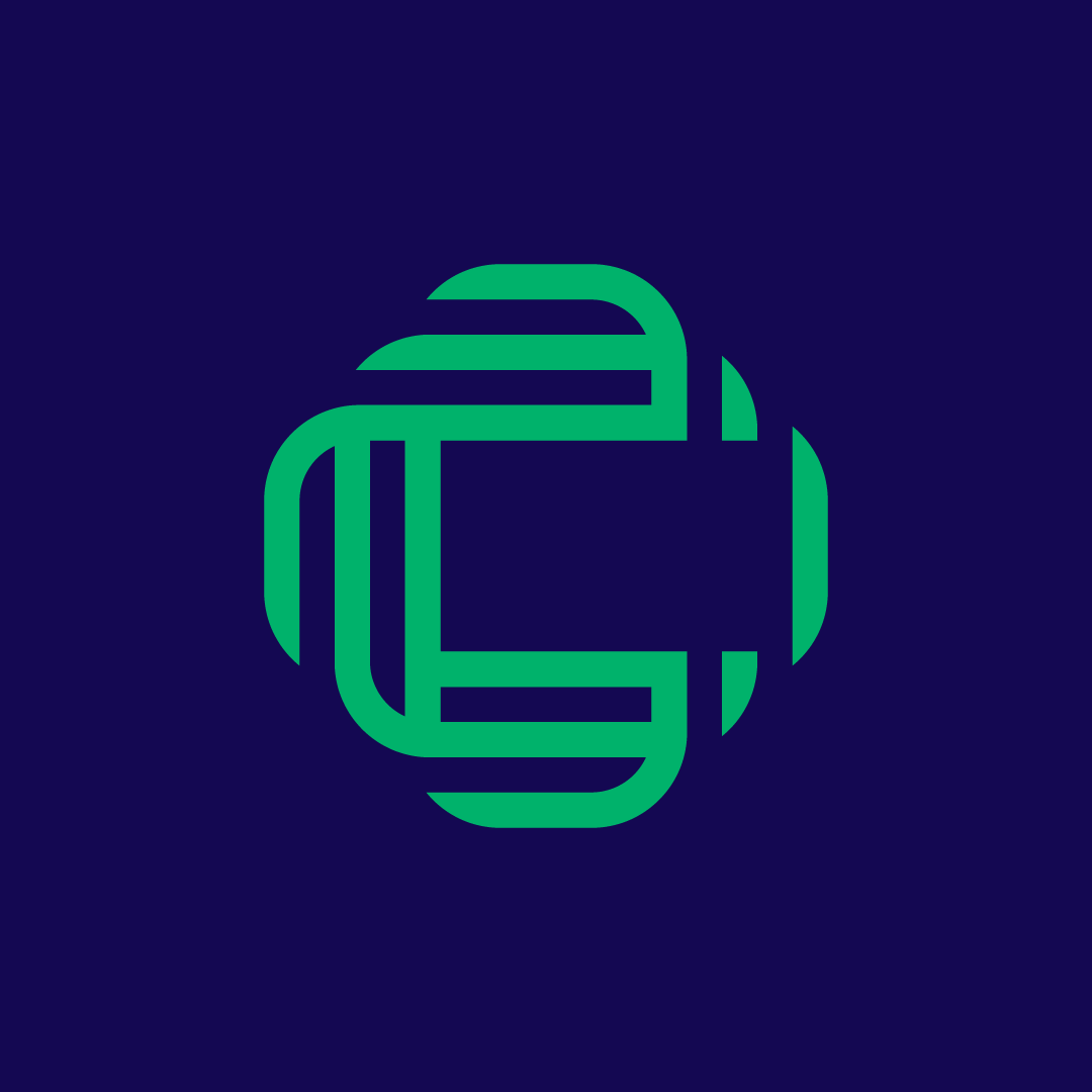 A stylized green logo on a dark blue background, featuring interwoven lines forming a circular, symmetrical design.
