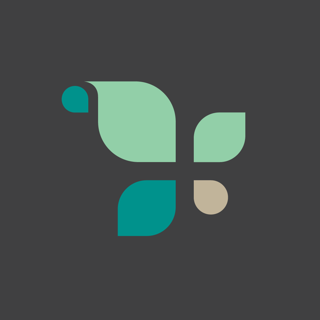 Abstract logo with four teardrop-shaped elements in dark teal, light teal, beige, and teal on a dark gray background.