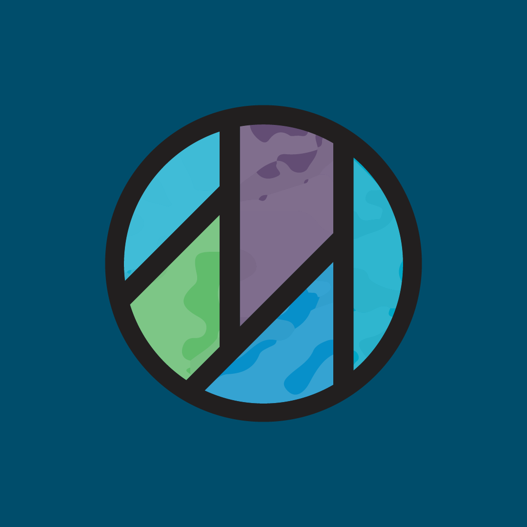 Illustration of a circle divided into five sections with different colors and textures, resembling a stylized map or globe, set against a dark blue background.