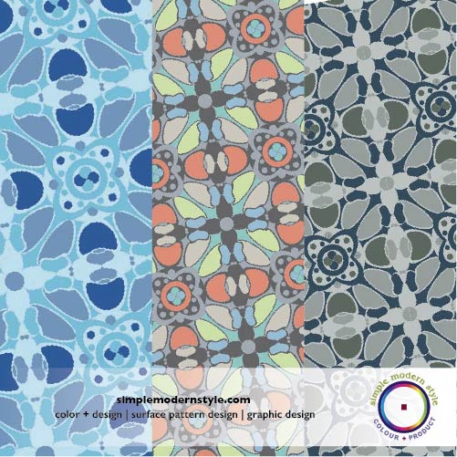 Decorative floral graphic pattern in bue on blue, mixed and soothing green colorways.