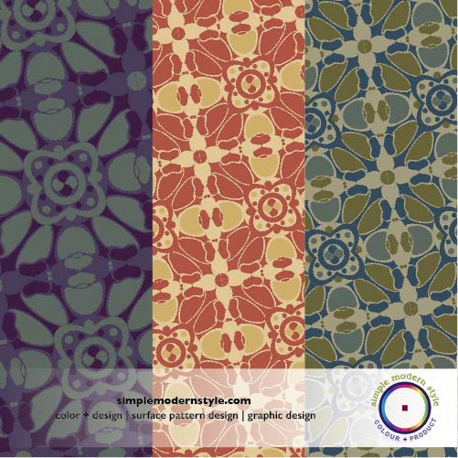 Graphic floral repeat patterns in deep rich colors.
