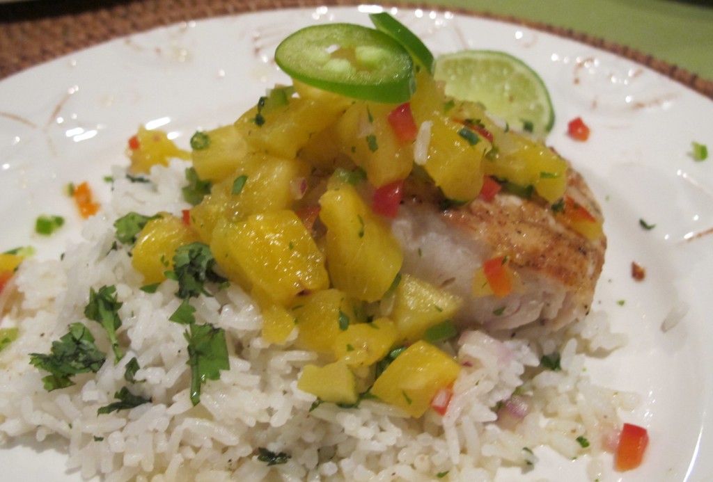 Fresh Pineapple Jalapeno Salsa served over Grilled Red Snapper with Coconut Cilantro Rice