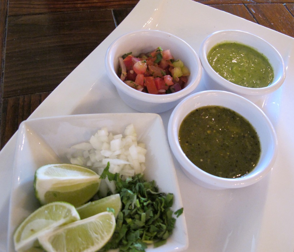 Top left - Pico de Gallo (tomatoes, onions, cilantro, garlic, lime, peppers, oregano, salt) Top right - Salsa Aguacate (avocados, garlic, onion, tomatillos, jalapeño peppers) Bottom - Salsa Tomatillo (roasted tomatillos, peppers, garlic, cilantro, onions)