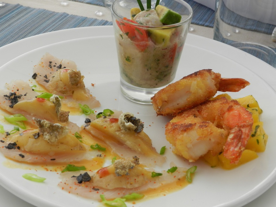 1st Place Appetizer - Chef Nadin Grabow, Yacht Nana - Local Mahi-Mahi Usuzukuri with Wrinkled Potatoes and Soursop-Orange, Lime Sauce, Swordfish and Mahi Mahi Ceviche, along with Coconut Shrimp and Mango Mint Salad