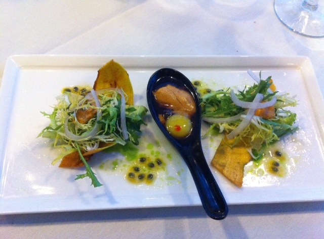 Uni Trio - Uni Shooter and Quail Egg with Citrus Ponzu, Plantain Chip Boats with Uni Citrus Frisee Salad