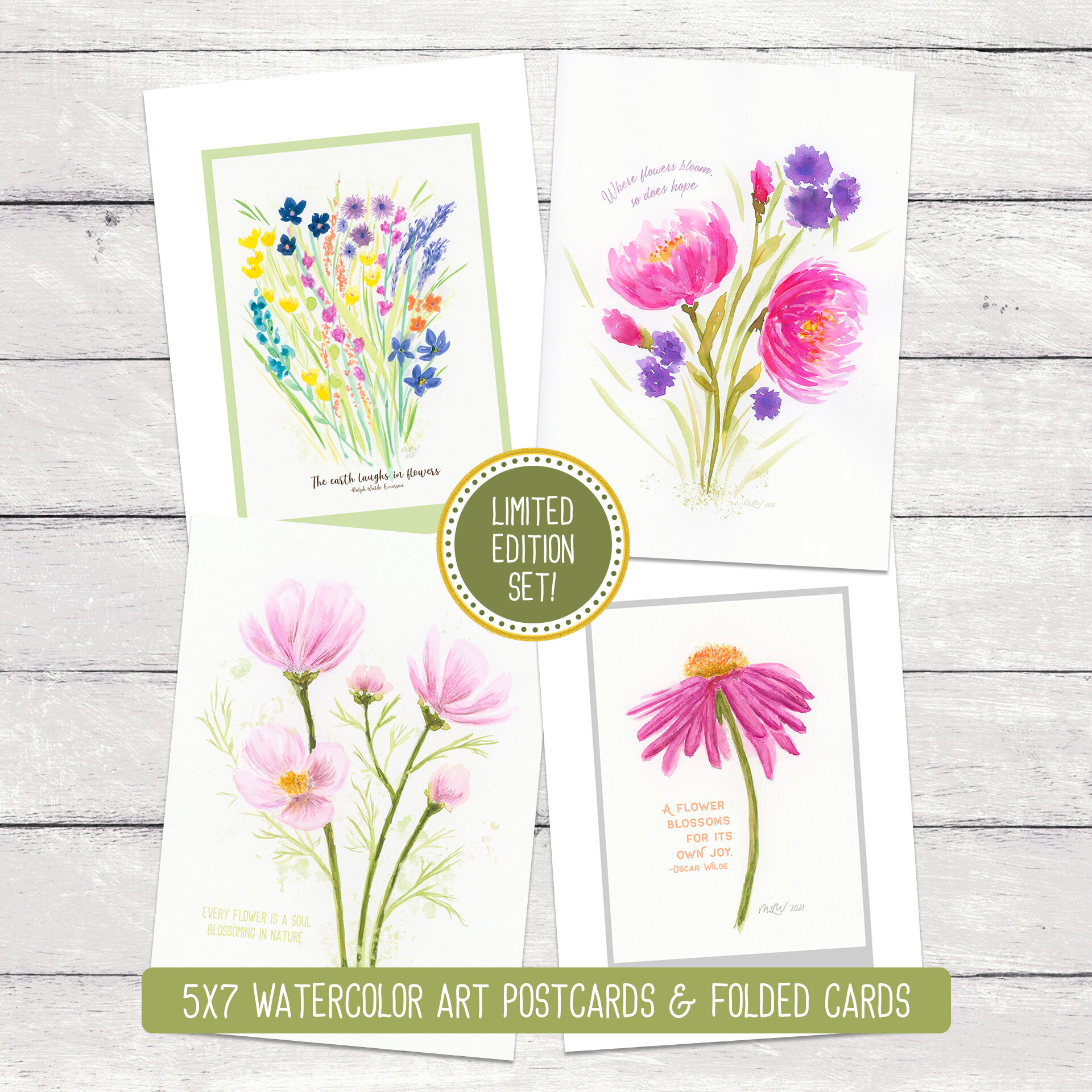 Floral Watercolor Card Set of 4 - 5x7 • Folded Cards or Postcards — Circle  of Life Photography and Design
