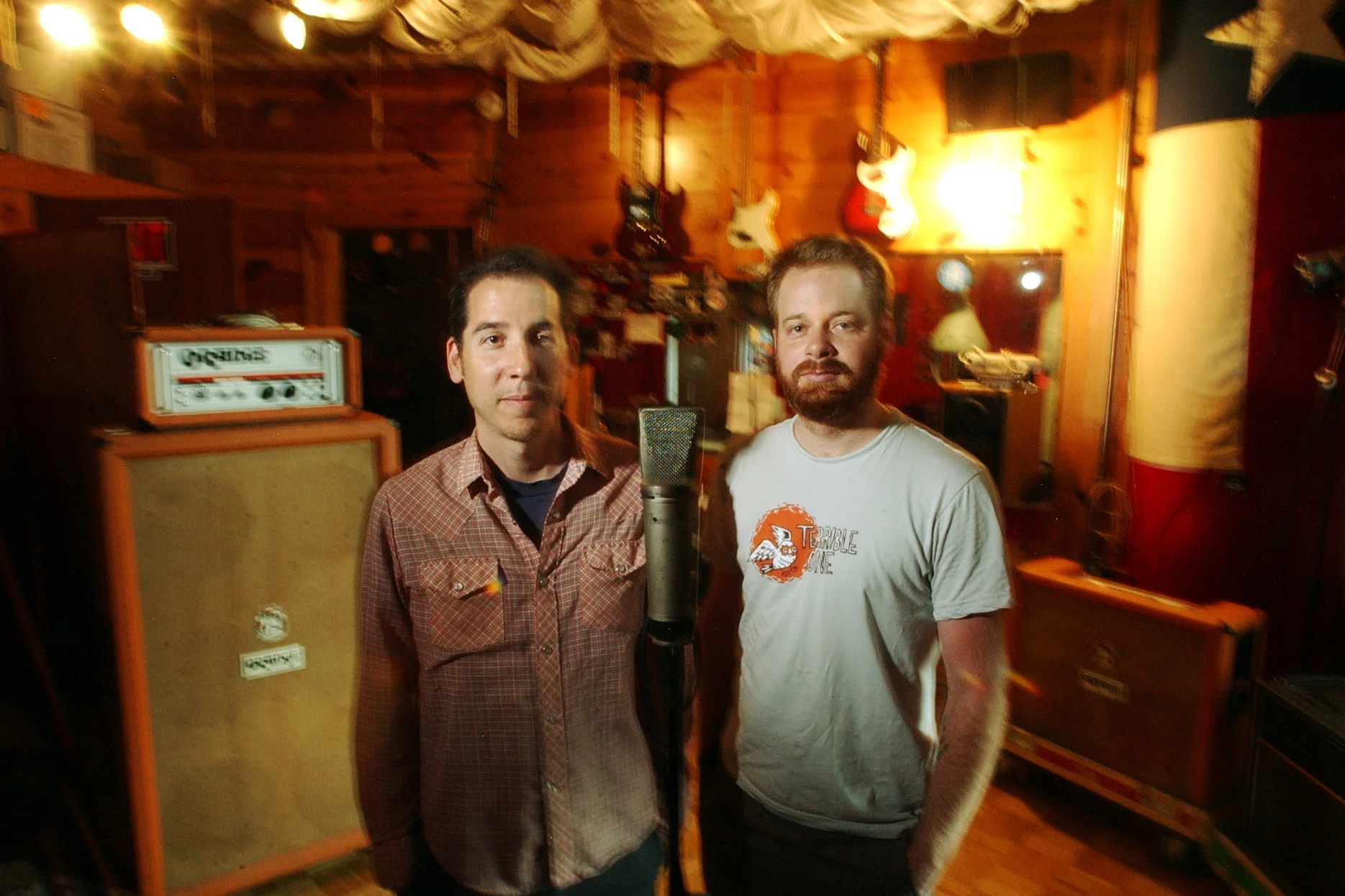  7/2/04 Staff Photo by Sung Park/AMERICAN-STATESMAN
On left Mike Vasquez, Chief of Staff and Bryan Nelson, Sound Documentary Specialist of Sweatbox studio. 