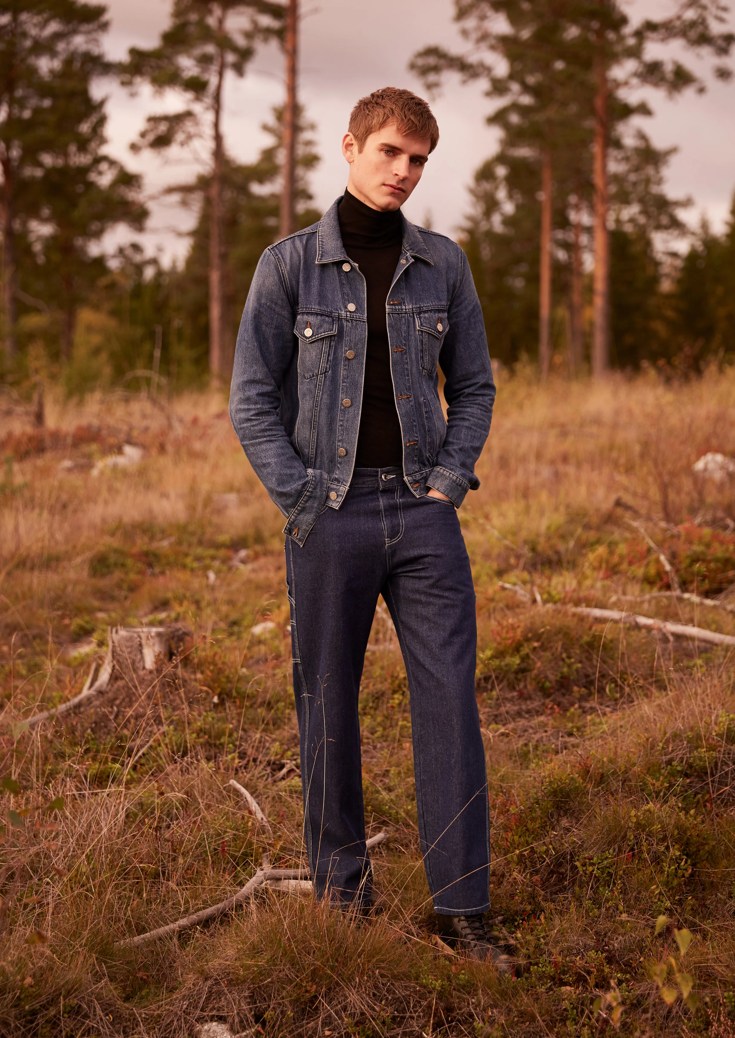 Jeans jacket by Acne Studios, turtleneck by Back, jeans by Sweet SKTBS, boots by Calvin Klein Jeans 