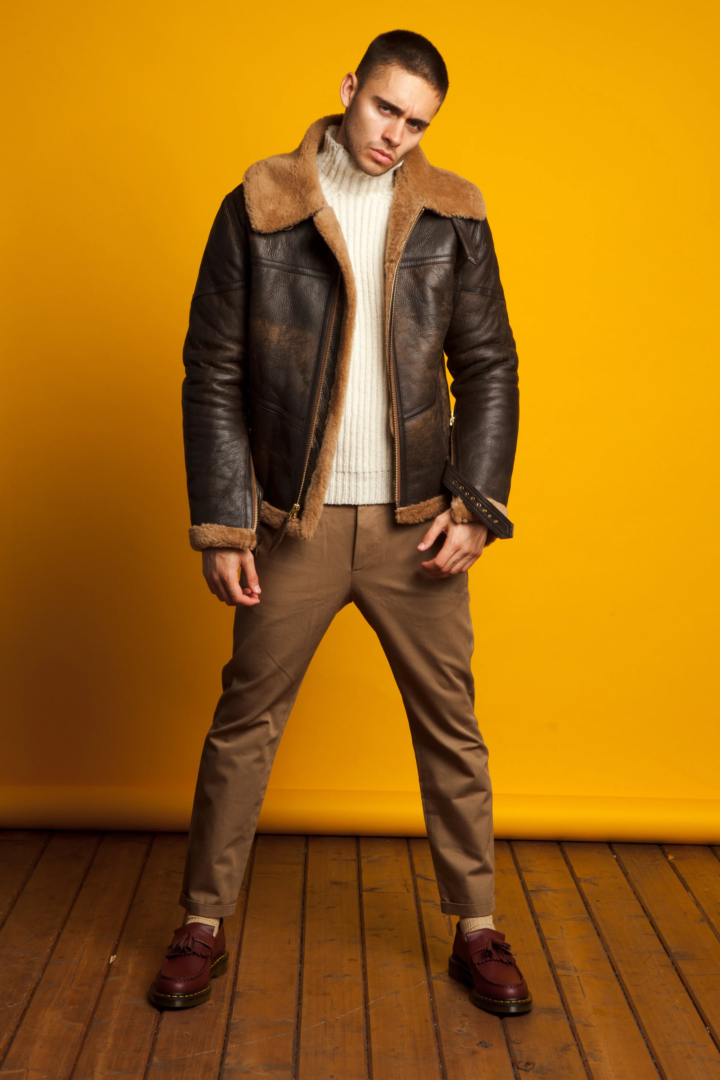 Schott shearling jacket, De Bonne Facture sweater and Marni trousers