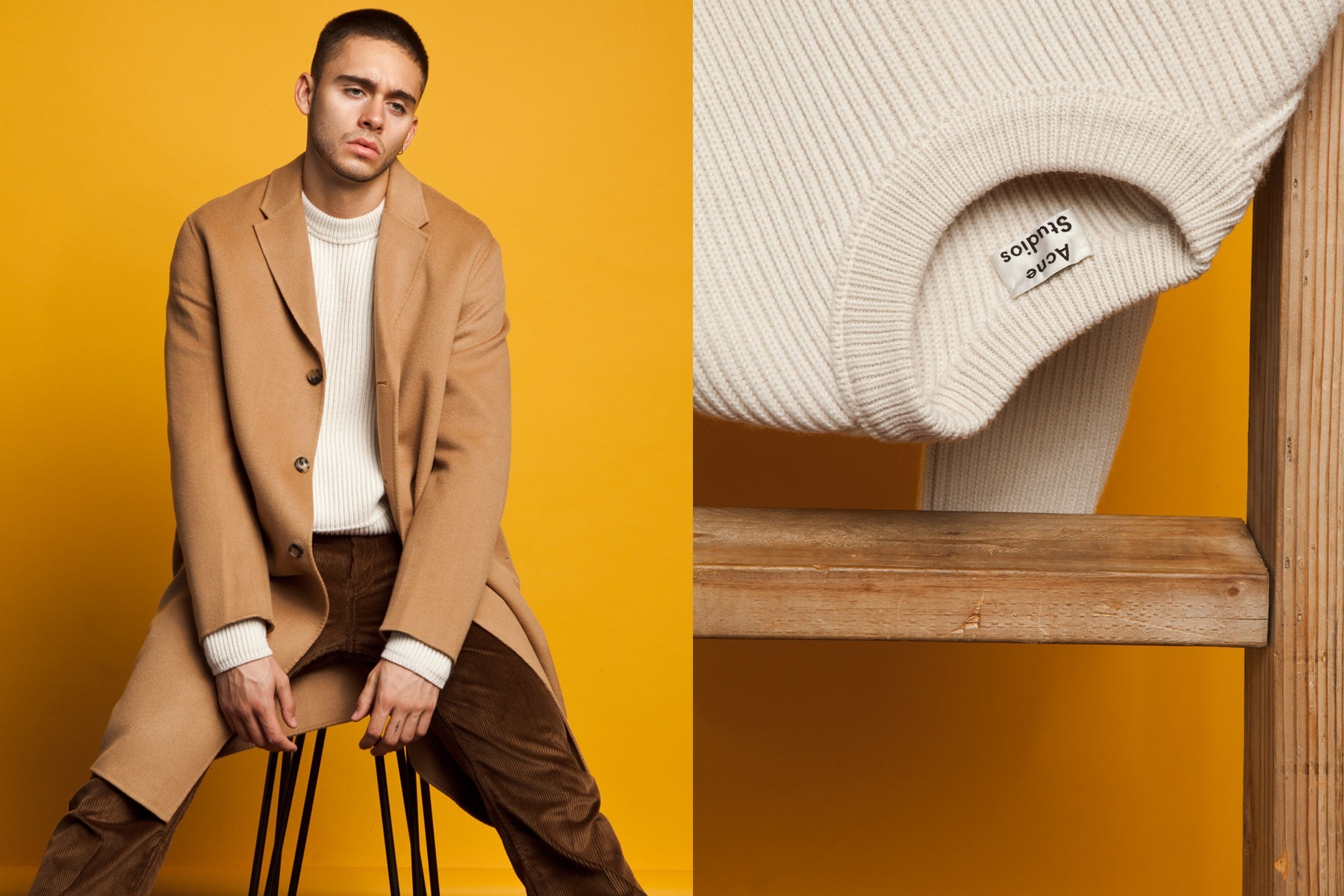 Acne Studios coat and sweater, Prada corduroy trousers