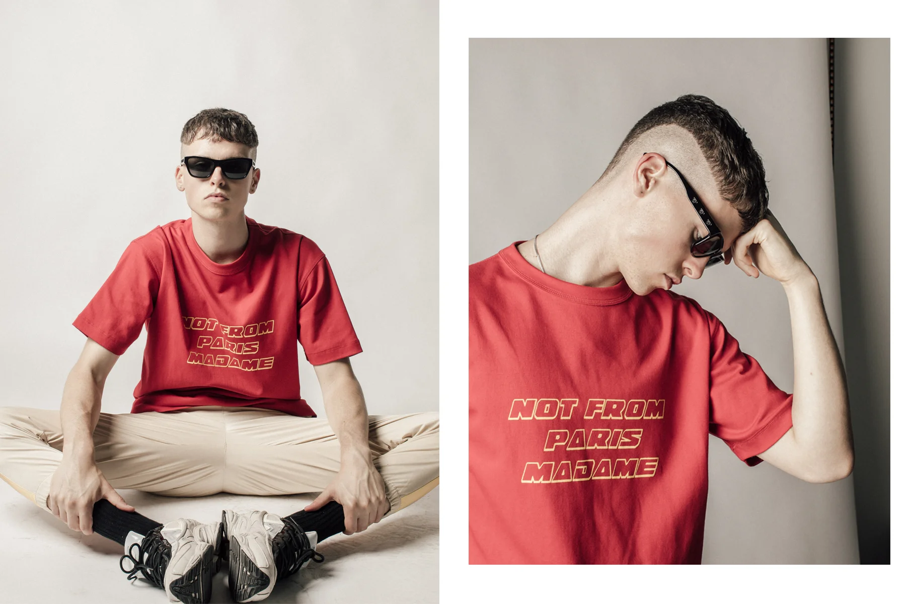 Clothing credit: Drole De Monsieur t-shirt and pants, Raf Simons sneakers